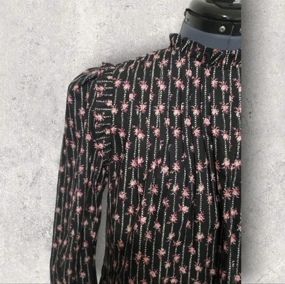 WAYF Women Top High Neck Ruffle Collar Long Sleeve Floral Print Black Size Small - Picture 4 of 7